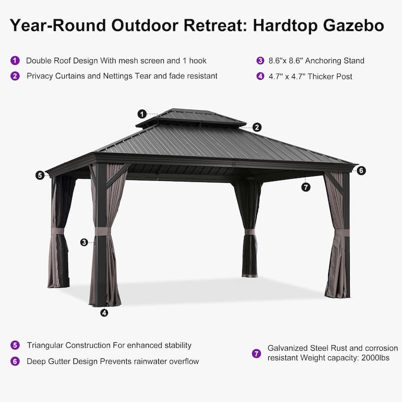 PURPLE LEAF Outdoor Galvanized Steel Hardtop Gazebo, Aluminum Frame Gazebo With Curtains