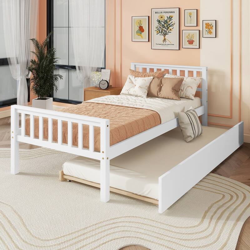 Twin Pine Platform Bed with Trundle, Headboard & Footboard - White