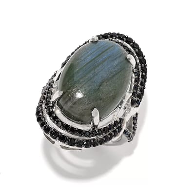 925 Sterling Silver 18x13mm Oval Labradorite, Black Spinal Ring