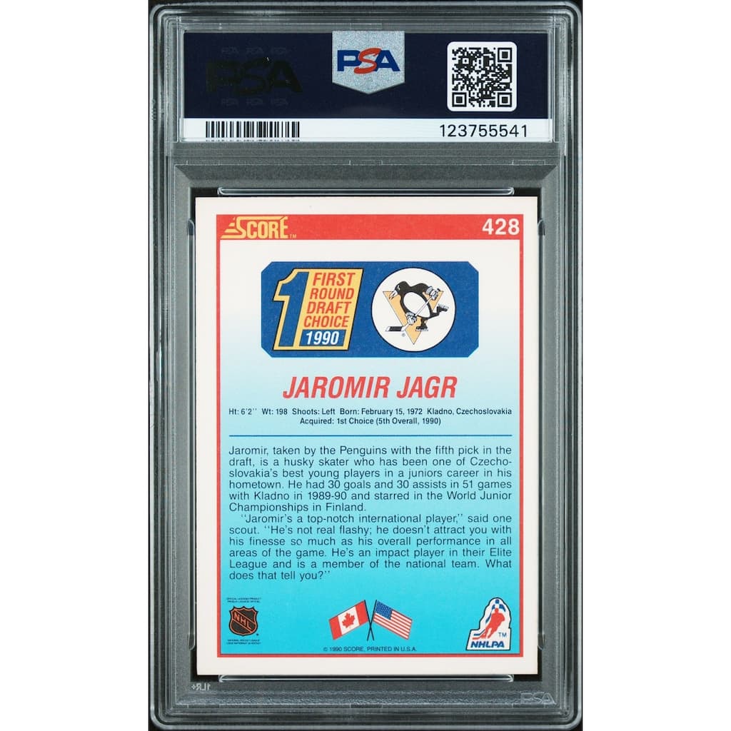 Jaromir Jagr 1990 Score Signed Hockey Rookie Card #428 Graded PSA 7 Auto 10 Cert # 123755541 - 8' x 11'