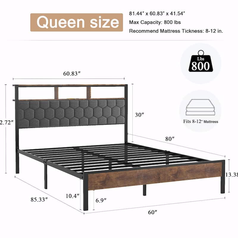 Vintage Shelf Headboard Bed - Built-in USB Ports