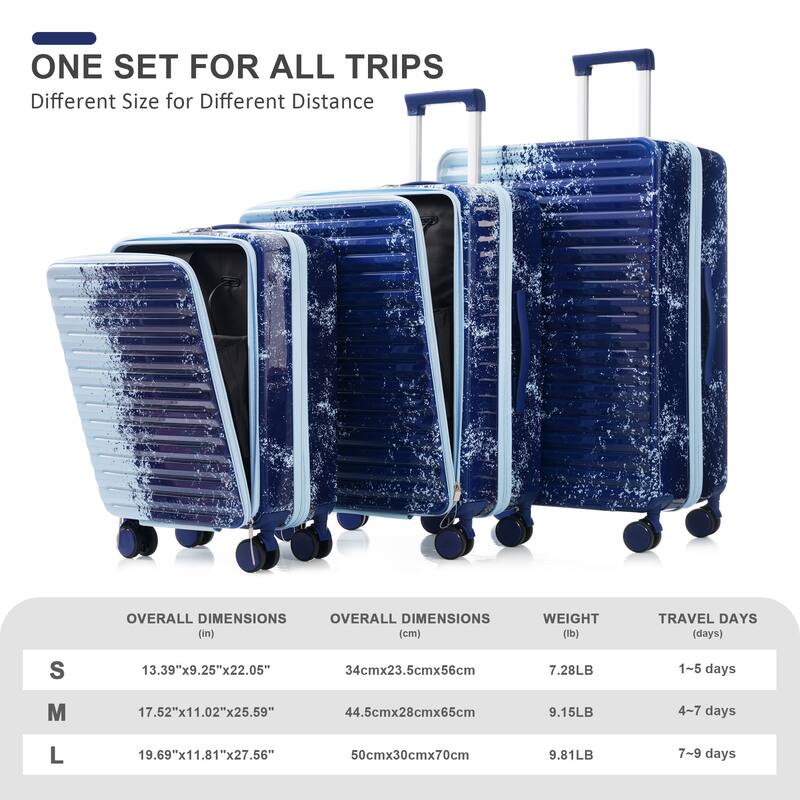3 Piece Luggage Sets Expandable Suitcases with Front Pocket, TSA Lock USB Interface and Universal Wheel & Cup Holder