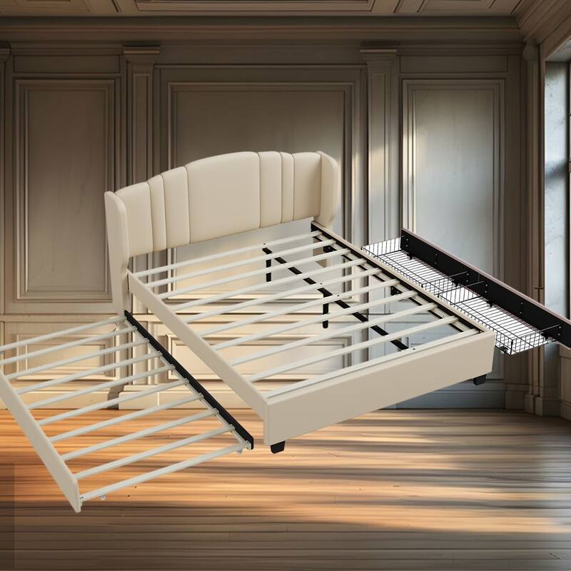 Elegant Upholstered Queen Platform Bed with Wingback Headboard, Twin Trundle, 2 Drawers, No Box Spring Required, Linen Fabric