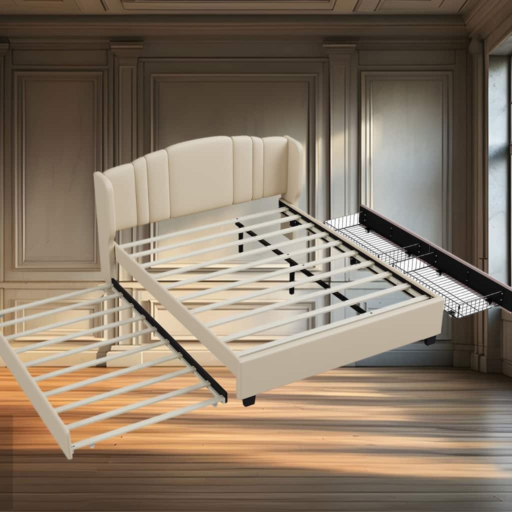 Elegant Upholstered Queen Platform Bed with Wingback Headboard, Twin Trundle, 2 Drawers, No Box Spring Required, Linen Fabric