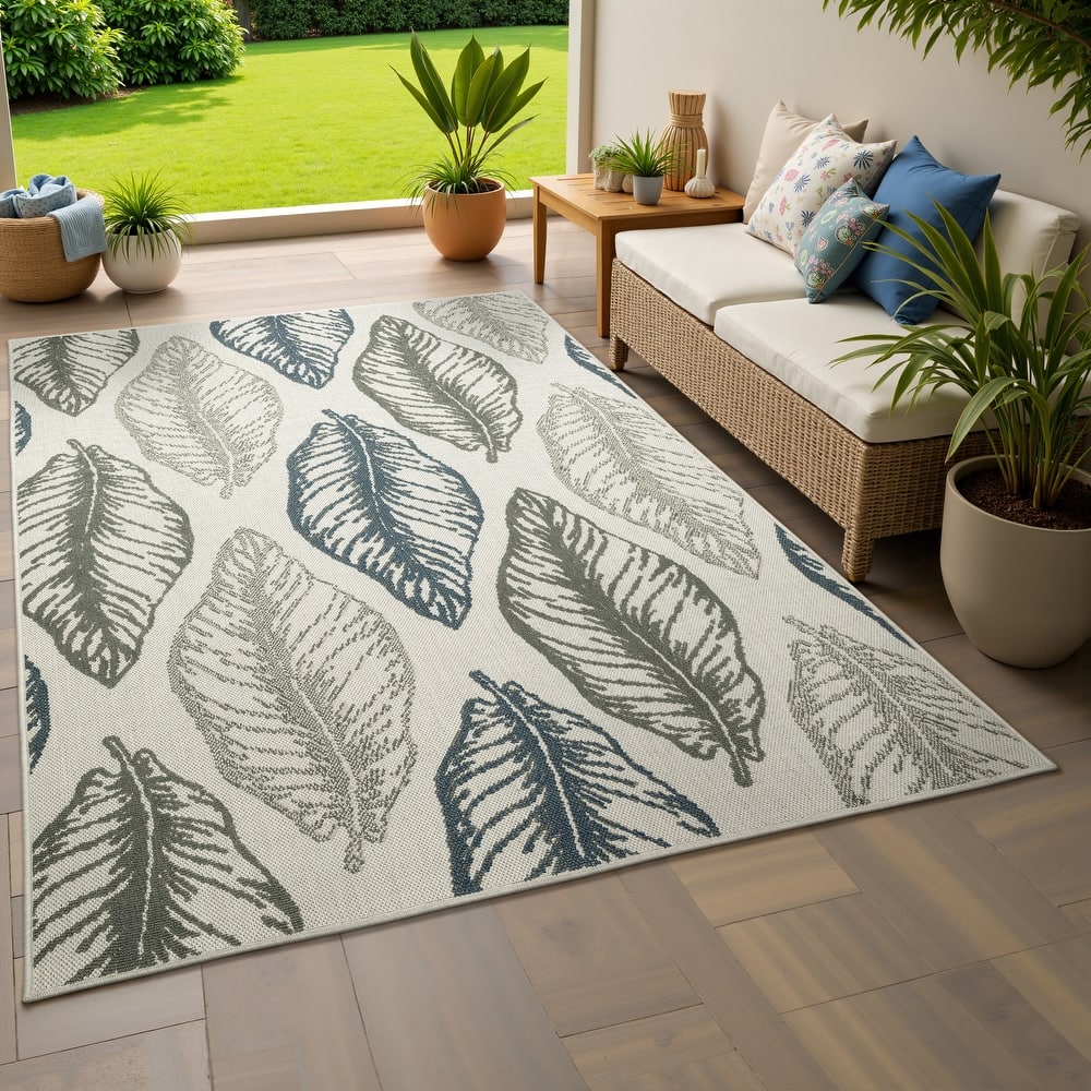 Vista Home Talcot Tropical Leaf Grey/Teal Indoor-Outdoor Area Rug