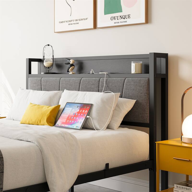 Full Size Bed Frame, Storage Headboard with Charging Station
