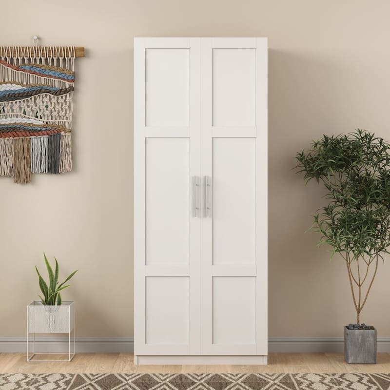 High Family Wardrobe with 2 Doors(Natural and White without Drawers) - White