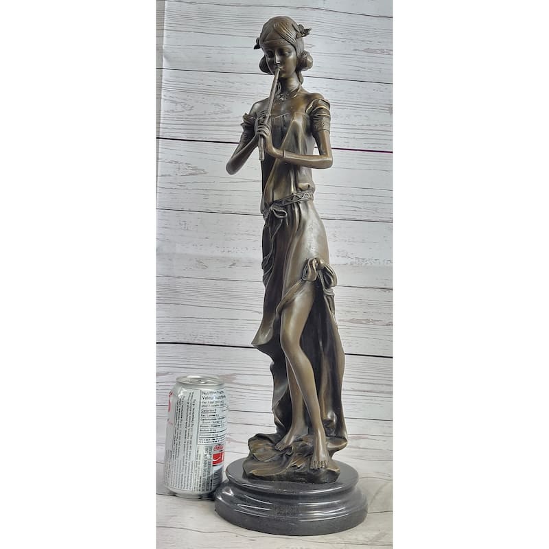 Girl Playing The Flute Female Musician Bronze Sculpture Statue Figure On Marble Base