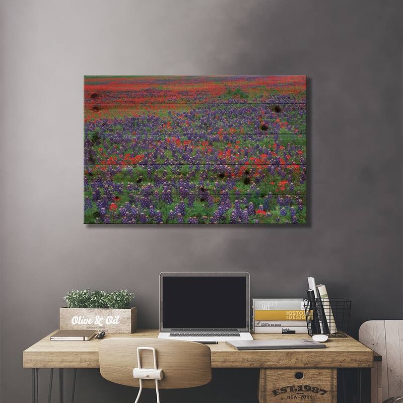 Sand Bluebonnet And Paintbrush Flowers, Hill Country, Texas I Print On Wood by Tim Fitzharris - Multi-Color