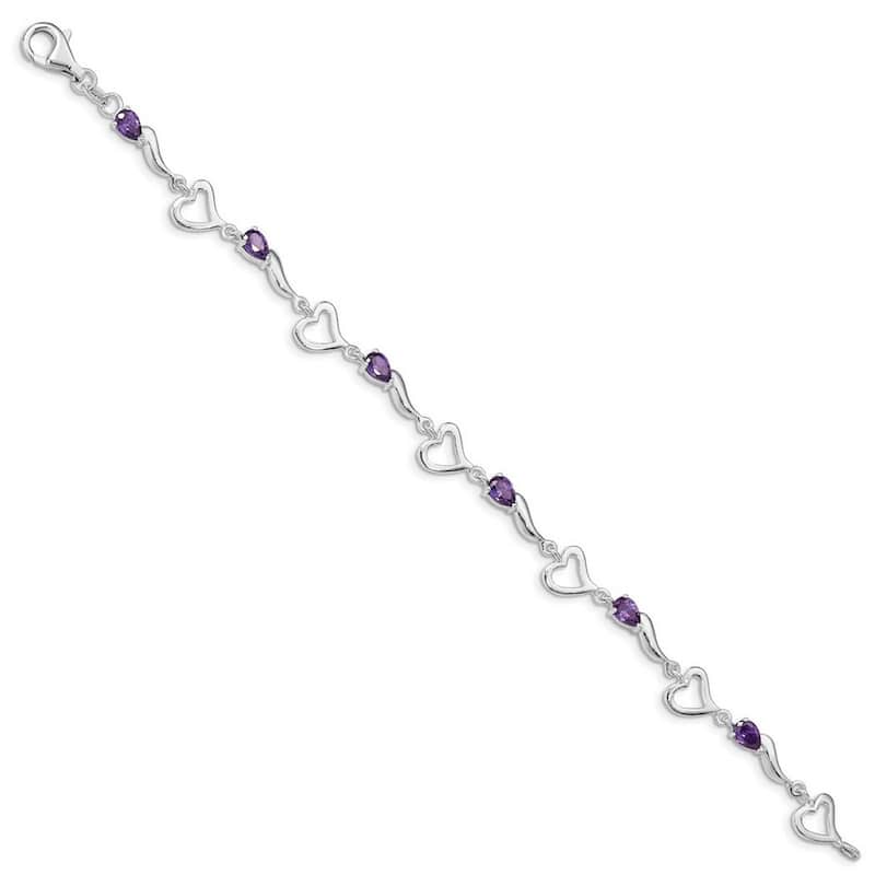 Curata 925 Sterling Silver Fancy Lobster Closure and Amethyst Polished Fancy Link Love Heart Bracelet