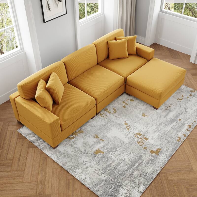 Ella 82" W/ 118" W Corduroy Modular Sectional Sofa with Ottoman