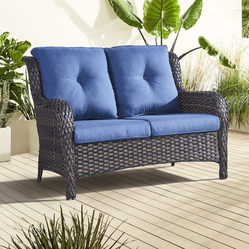 Gymojoy Outdoor High-back Wicker Loveseat Sofa For Home Garden - Brown Wicker / Blue Cusion
