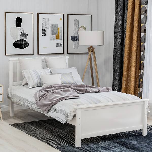 slide 2 of 9, Twin Size Solid Wood construction Platform Bed with Wood Slat Support and Headboard,Footboard White