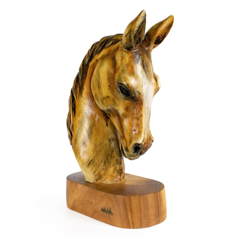 18" Solid Wood Hand Carved Horse Art Head Statue Sculpture Handcrafted Handmade Wooden Decorative Home Decor Accent Decoratio