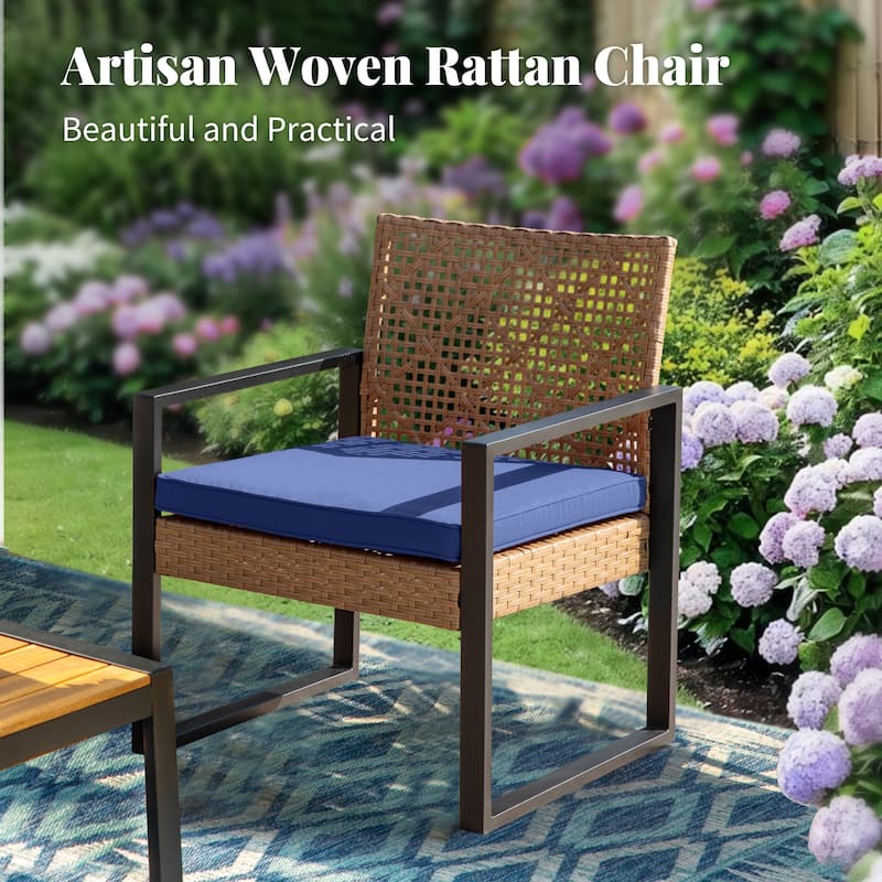 4-Piece Patio Furniture Wicker Outdoor Bistro Set, All-Weather Rattan Wood Conversation Set with Soft Cushions by Havenside Home