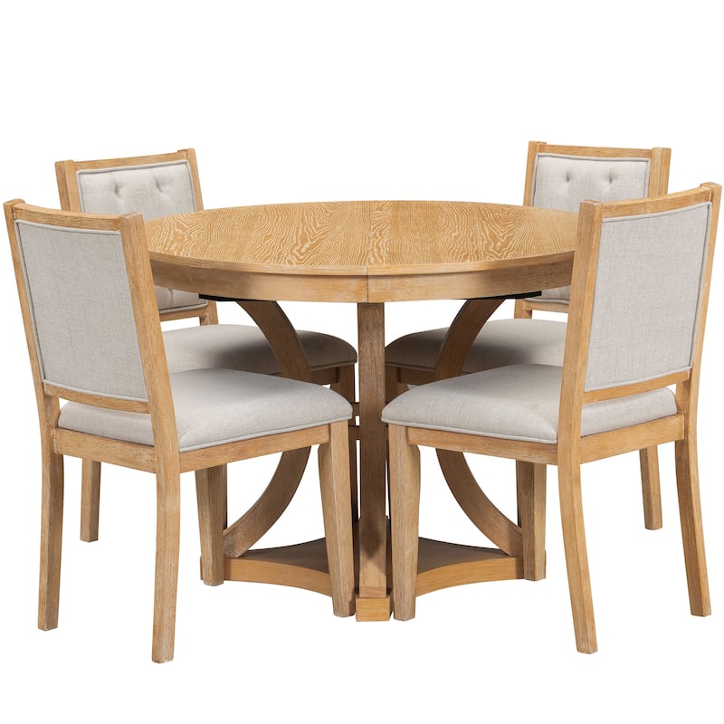 GDFStudio - Farmhouse 5-Piece Extendable Round Dining Table Set with 4 Upholstered Chairs