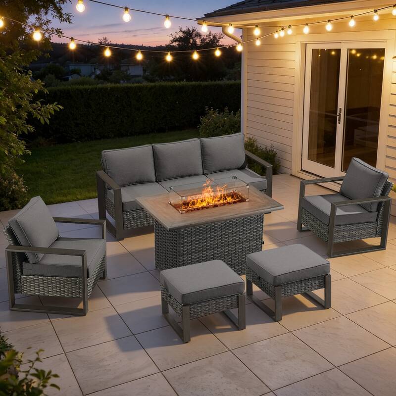 Meyreso Wicker Patio Conversation Set with Metal Fire Pit Table & Olefin Cushions - Gray / Gray Cushions - 6-Piece