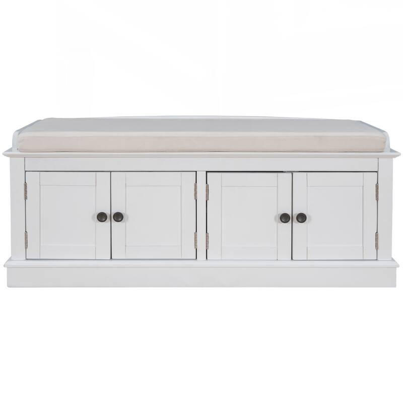 Storage Bench with 4 Doors and Adjustable Shelves, Shoe Bench with Removable Cushion for Living Room, Entryway