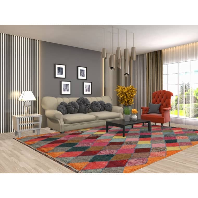 All-Over Trellis Moroccan Area Rug Hand-Knotted Wool Carpet - 7'7" x 11'2"