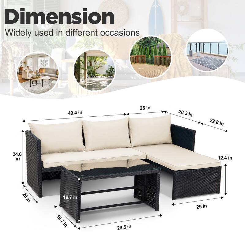 3 Pieces Patio Conversation Set, All Weather Outdoor PE Rattan Wicker Furniture Set with Cushions, Tempered Glass Coffee Table