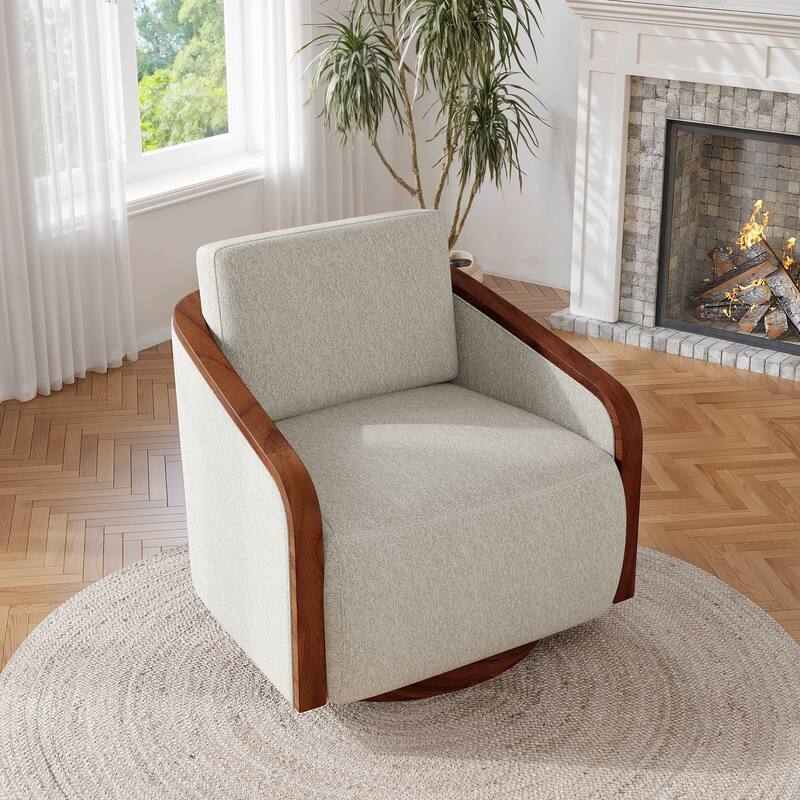 Upholstered Swivel Barrel Chair with Curved Wood Arms