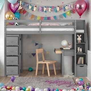 Twin size Loft Bed with Storage Drawers, Shelves, Desk and Stairs, Grey
