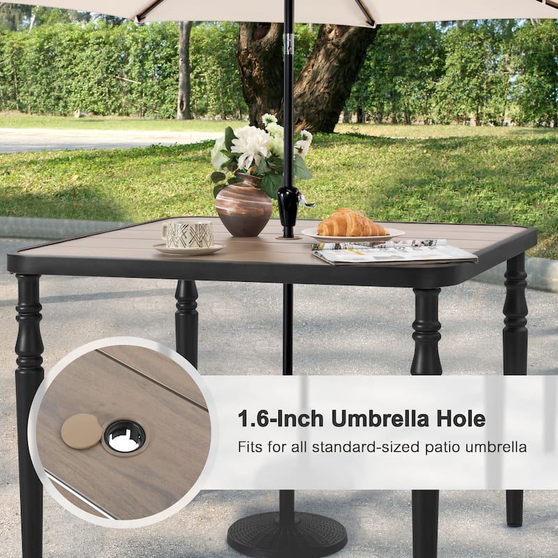 Patio Square Dining Table with Umbrella Hole, Wood-Grain Tabletop