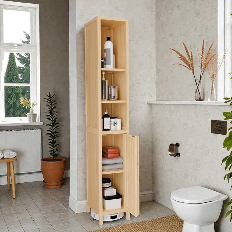 65'' Natural Bamboo Tall Storage Cabinet, Thin Bathroom Tower with Doors, Open Shelf & Interior Shelves for Small Spaces - Natural