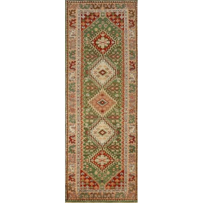 Geometric Heriz Serapi Indian Runner Rug Green Handmade Wool Carpet - 2'7" x 8'0"