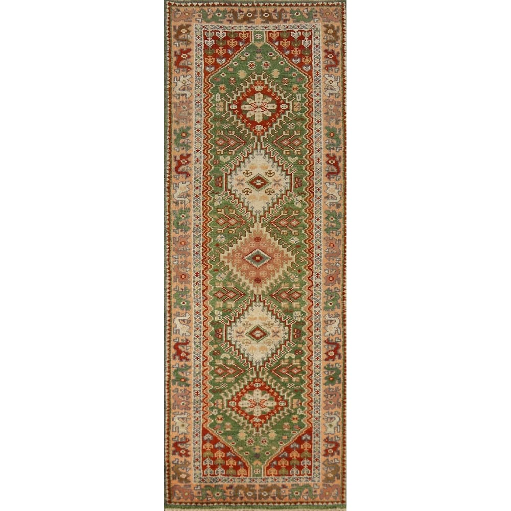 Geometric Heriz Serapi Indian Runner Rug Green Handmade Wool Carpet - 2'7" x 8'0"