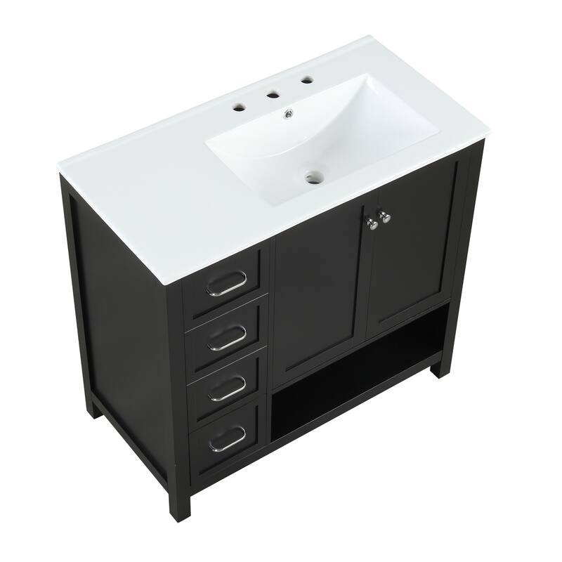 Roomfitters 36" Bathroom Vanity with Sink, Right-Side Basin, Solid Wood Frame, 2 Doors, 2 Drawers & Open Shelf