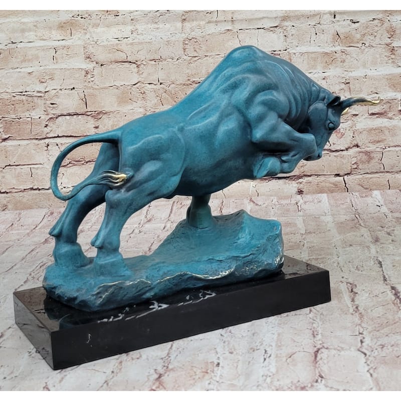 Charging Bull Hot Cast Bronze Figure W/ Blue Green Patina On Marble Base By Milo