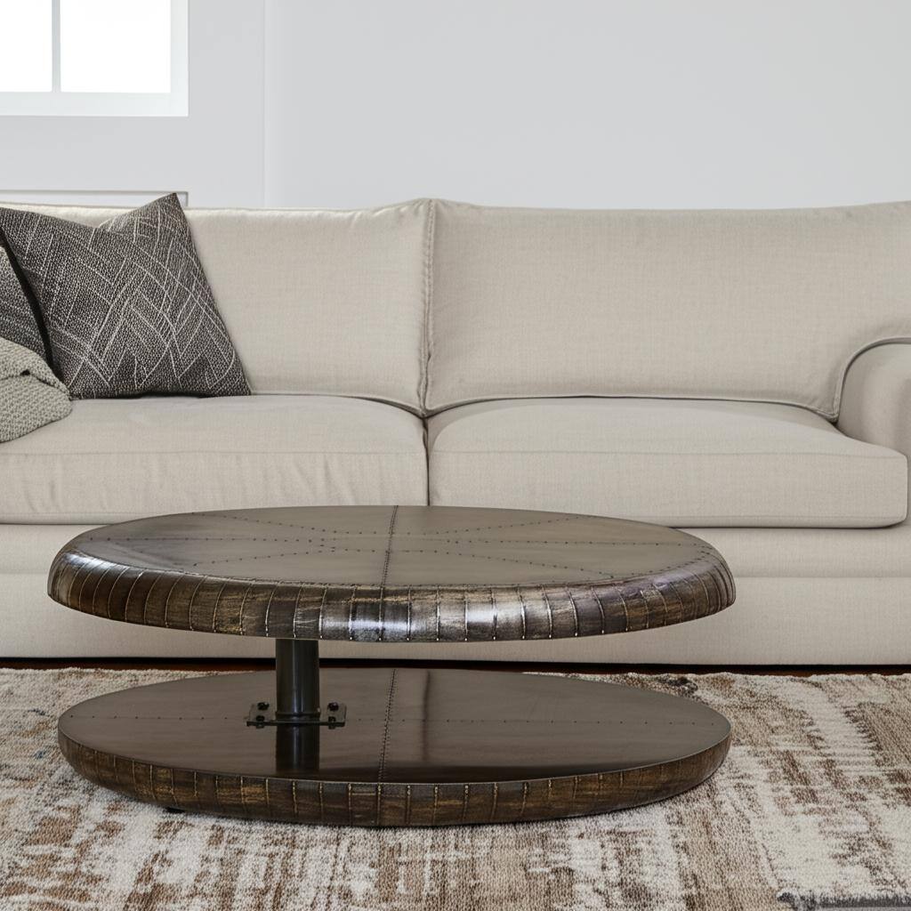 HomeRoots 39" Bronze Aluminum Round Floor Shelf Coffee Table With Shelf - 39.00 in. x 13.00 in. x 39.00 in.
