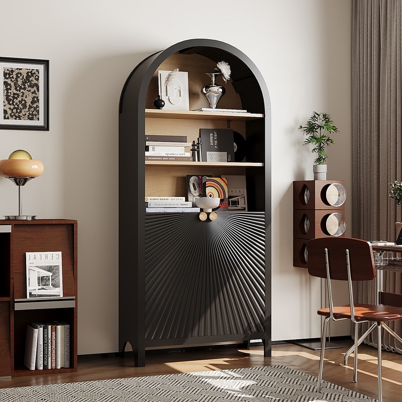 61" Tall Arched Bookcase with storage,Mid-Century Modern 5-Tier Bookshelf with Door