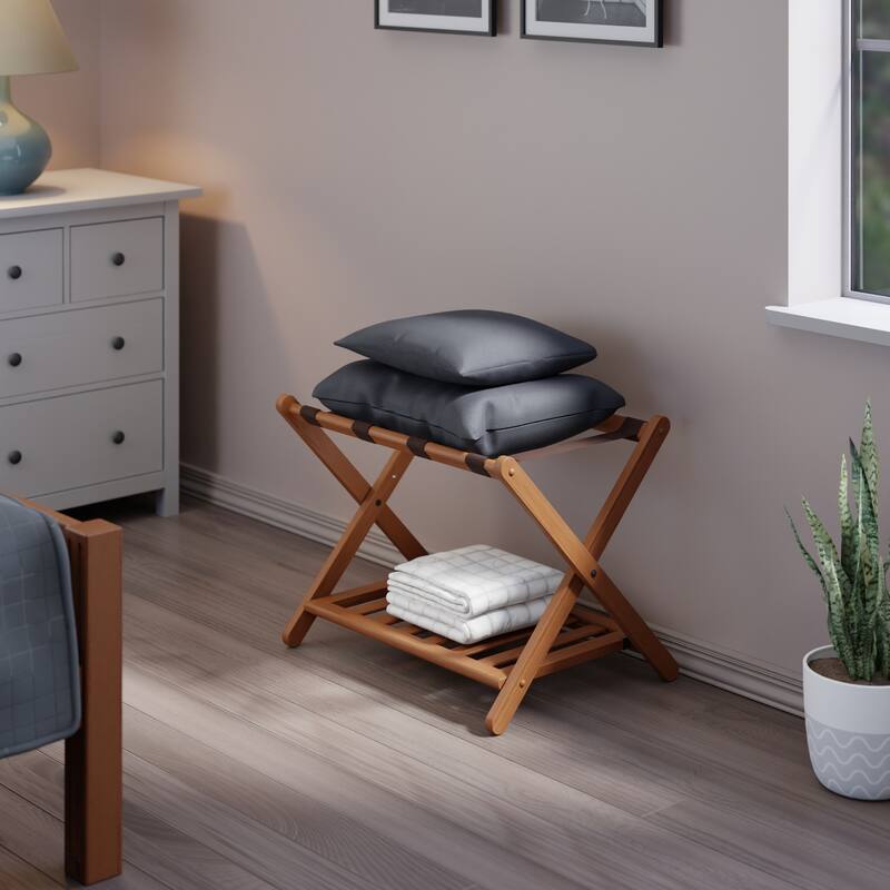 Reese Luggage Rack with Shelf Teak Finish