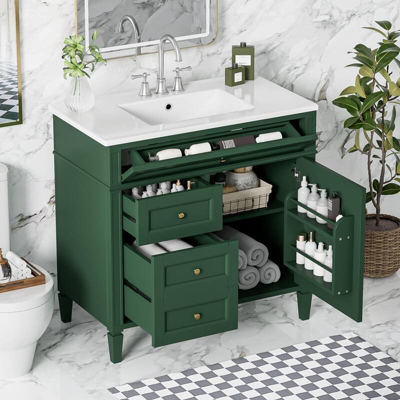 GDFStudio - Carradine Modern Freestanding Bathroom Vanity with Ceramic Sink and 2 Drawers & a Tip-out Drawer - 36'W