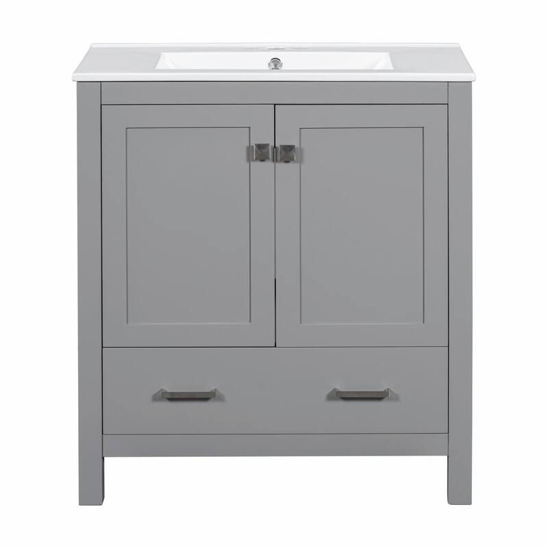 36"/30" Bathroom Vanity with Ceramic Sink, Soft-Close Doors, Double Storage Shelves & Divided Drawer