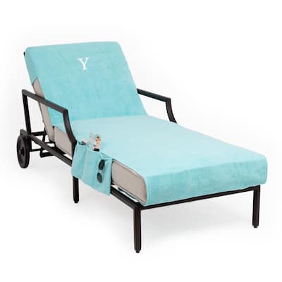 Turkish Cotton Monogrammed Aqua Towel Cover for Standard Size Chaise Lounge Chair with Side Pocket