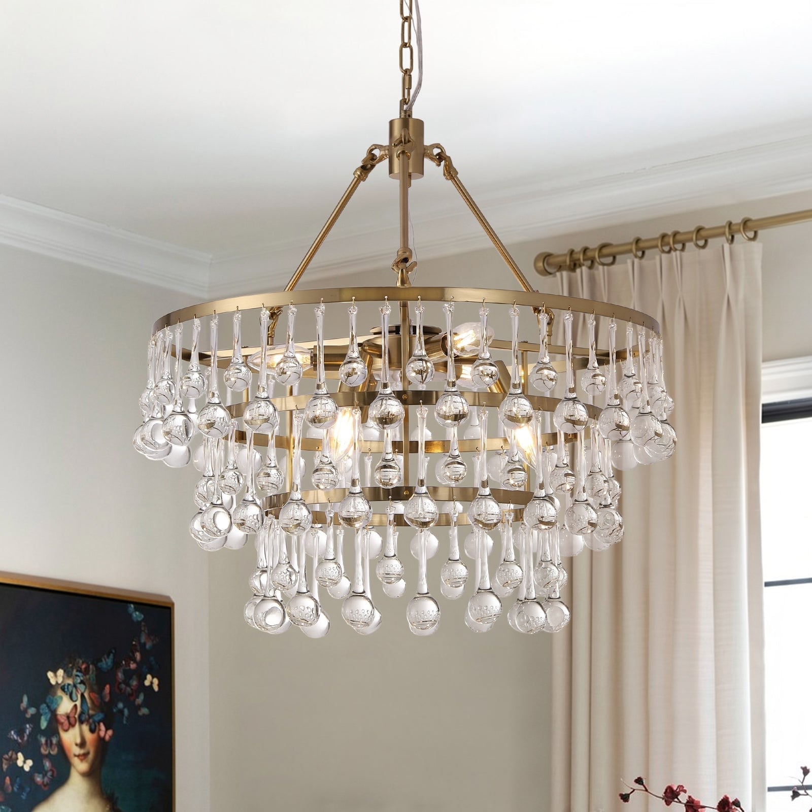 Mid-Century Tiered Round Cascaded Crystal Drop Chandelier - 23.6 Inches