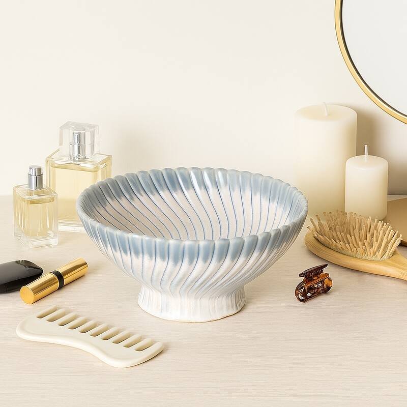 Decorative Ceramic Textured Pedestal Bowl - 10", Blue & White - 10.0"