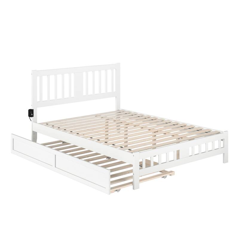 Twin Trundle Bed with Footboard - White Finish, Antique Style, Solid Wood Frame, Easy Assembly