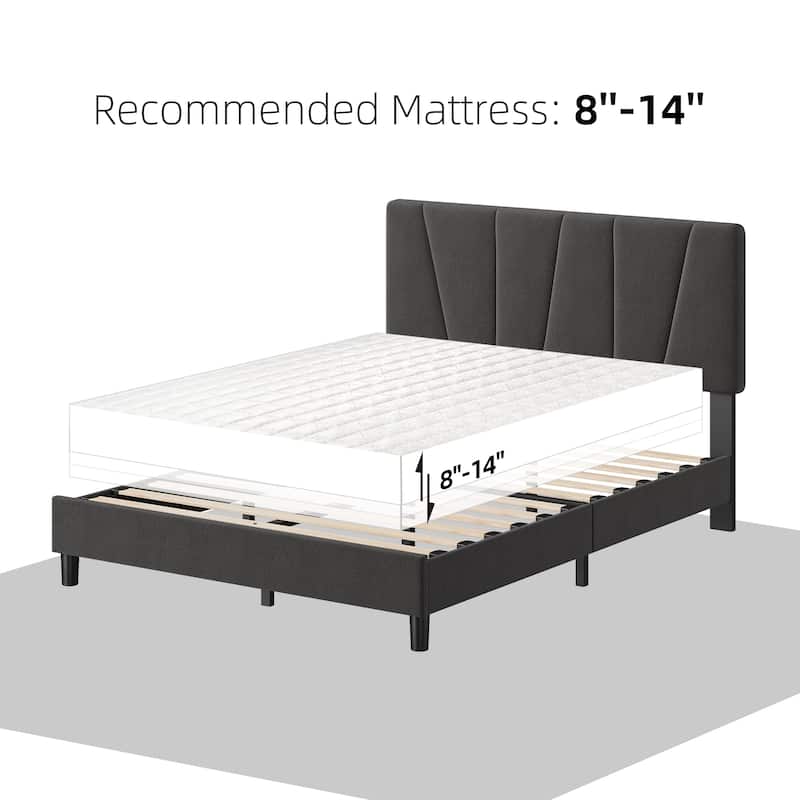 Grey Velvet Upholstered Platform Bed Frame with Wooden Slats