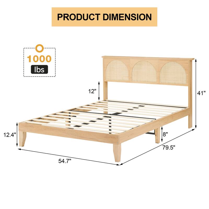 Full Bed Frame with Natural Rattan Headboard