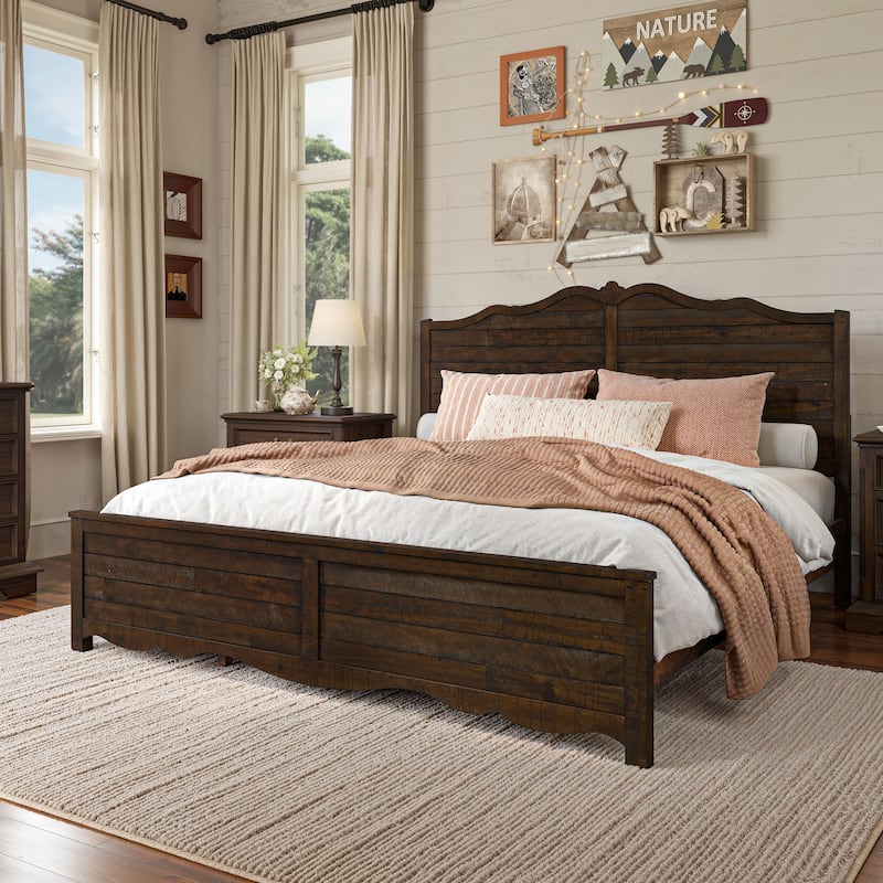 Traditional Solid Wood Bed Frame with Queen/King Size Platform Bed with Headboard for Bedroom - Dark Walnut - King