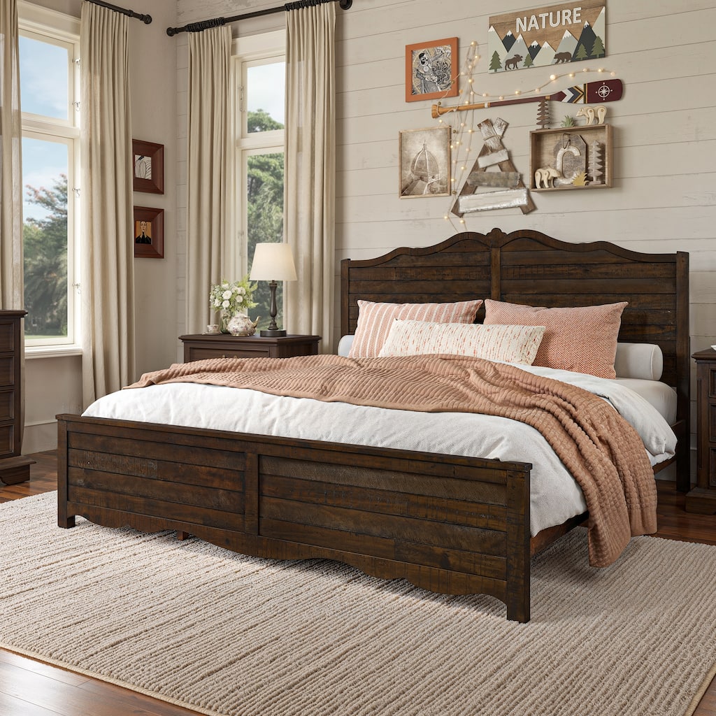 Traditional Solid Wood Bed Frame with Queen/King Size Platform Bed with Headboard for Bedroom