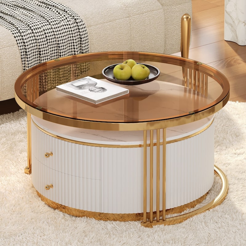 Modern 2 Pieces Round Nesting Coffee Table with Drawers and Brown Tempered Glass Top in 27.6"