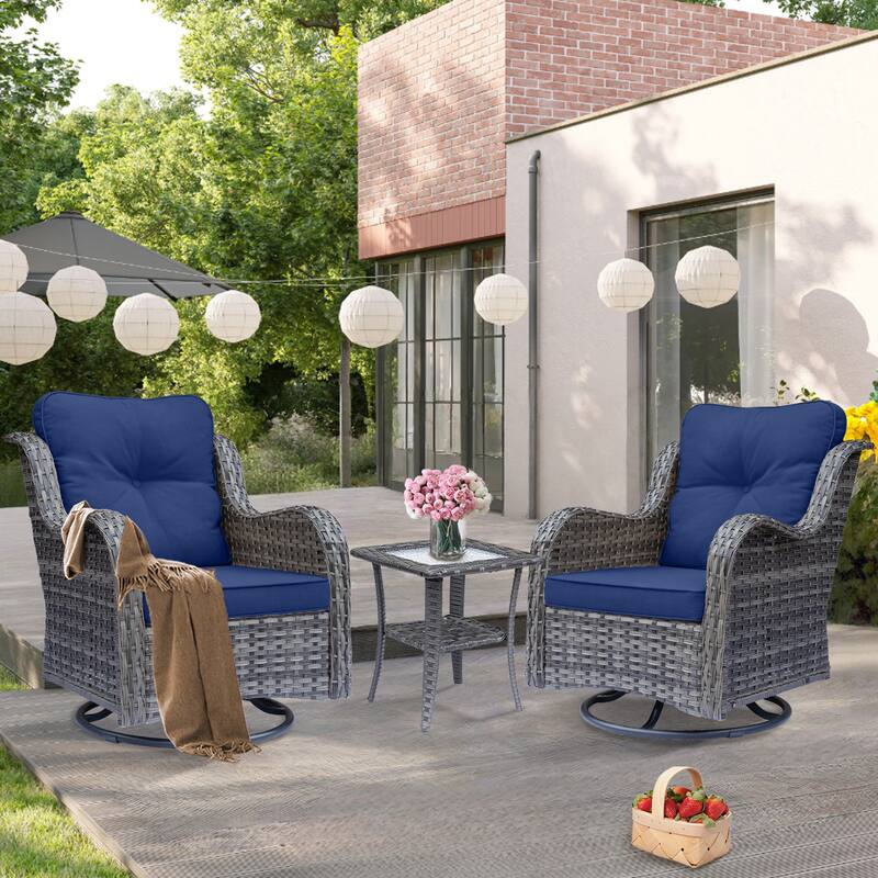 3 Piece High Back Outdoor Wicker Patio Conversation Swivel Chairs Set