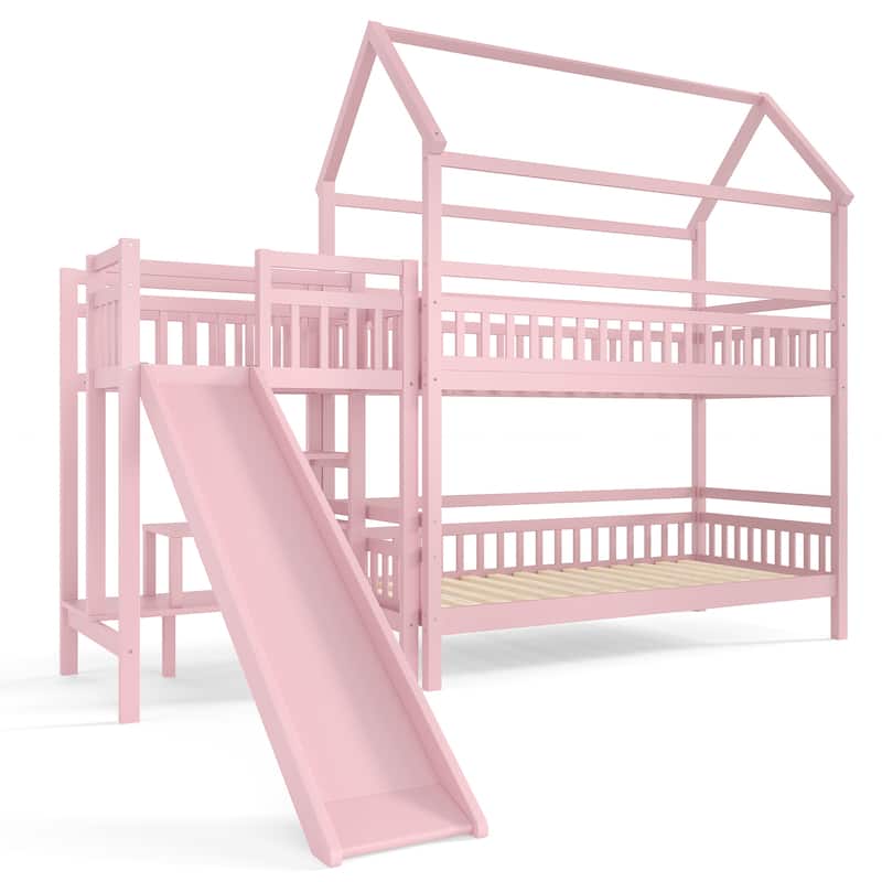 House-shaped Bunk Bed Playful Kids Bed Frame with Storage Stairs, Slide and 2 Placement Methods for Boys and Girls