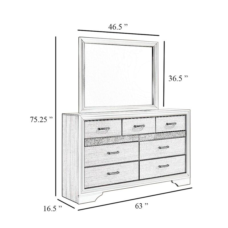 Vino Wide Dresser with Mirror, 7 Drawers, Modern Black, Chrome Accent