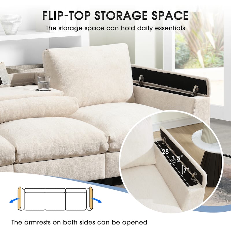 Chenille Cloud Sofa with Cup Holders, USB Port & Bluetooth Speaker, Convertible Loveseat with Drop Down Table & Storage Armrest